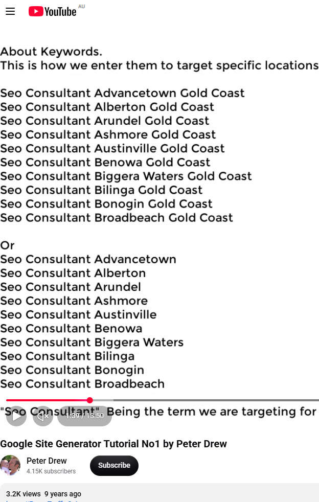 YouTube tutorial by Peter Drew, dated nine years ago, listing the target keywords 'Seo Consultant Alberton Gold Coast' and variations.