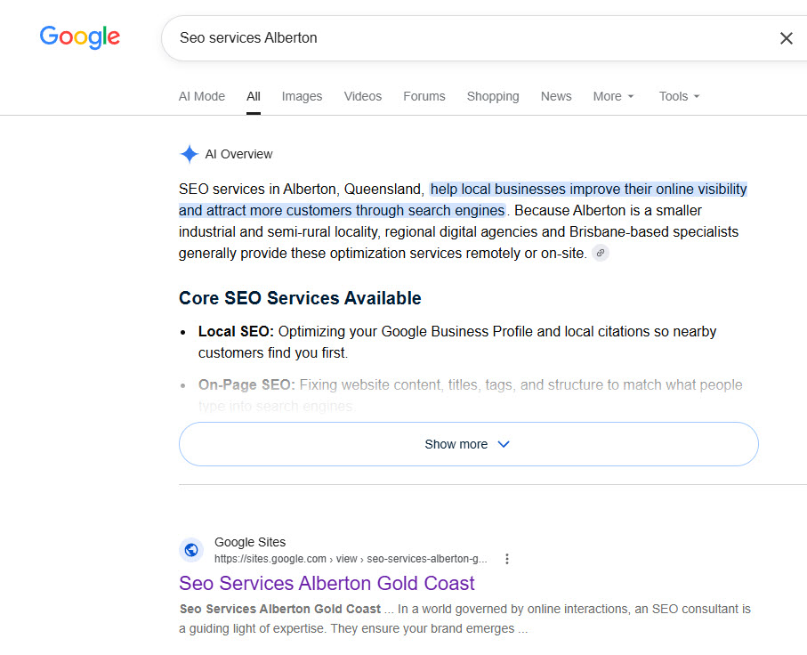 Google results for 'Seo services Alberton': the Google Site 'Seo Services Alberton Gold Coast' is the first organic result, directly under the AI Overview.