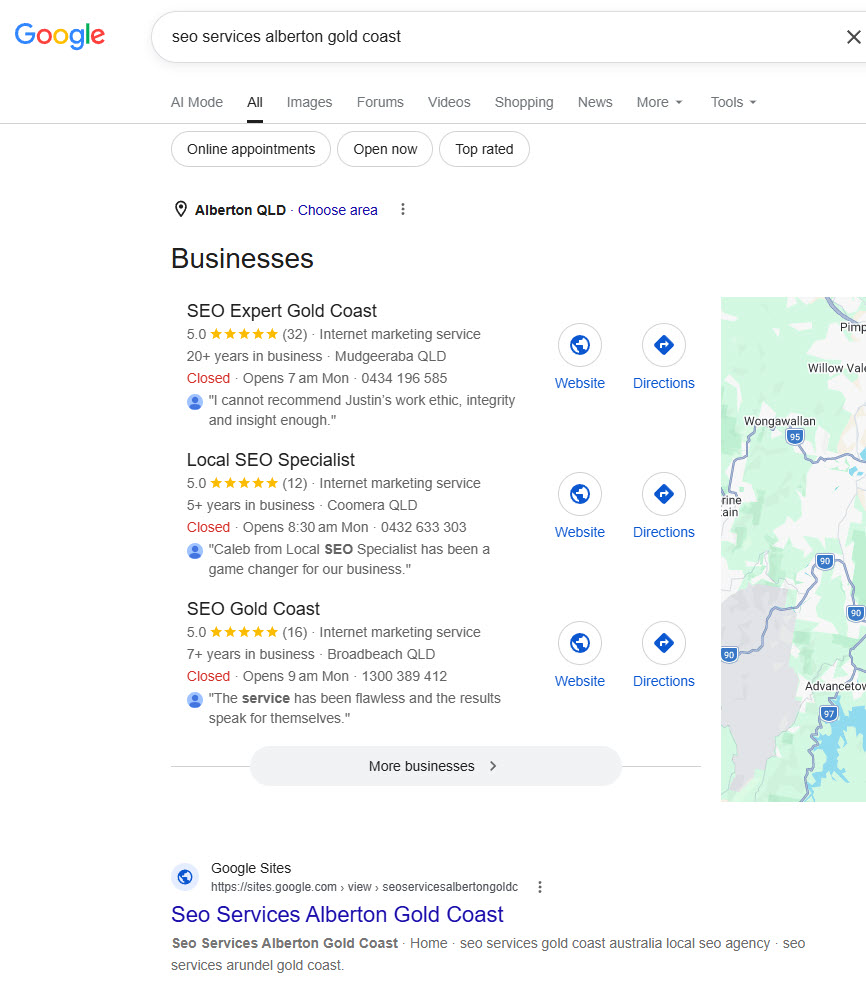 Google results for 'seo services alberton gold coast': the same Google Site is the first organic result under the local map pack.